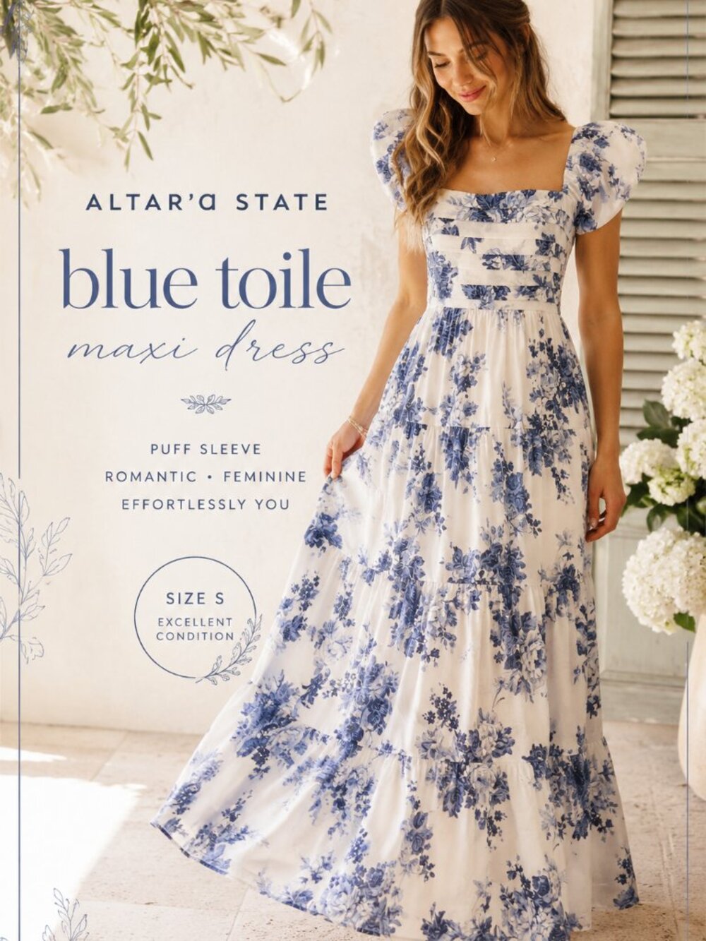 Altar’d State Blue Toile Puff Sleeve Maxi Dress Size Small - with pockets!